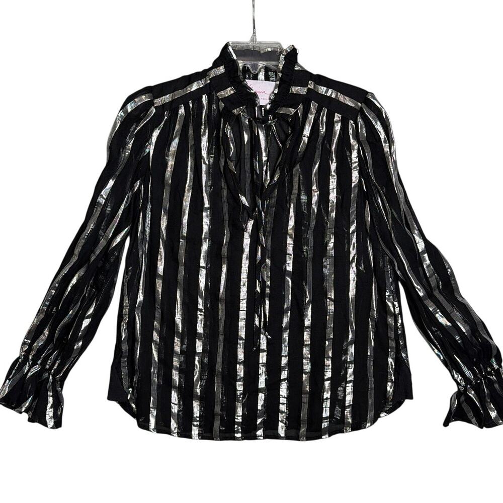 Monica Mahoney Sheer Metallic Stripe Blouse Ruffle Black Silver SZ M Designer